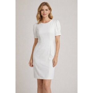 NWT-DKNY White Sheath Dress | Puff Sleeve Sizes 14